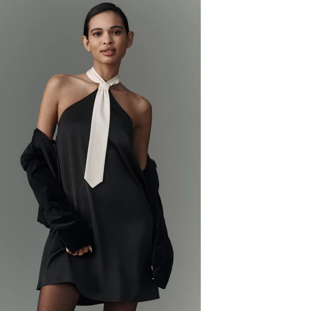 Elegant Black Halter Dress with Cream Tie